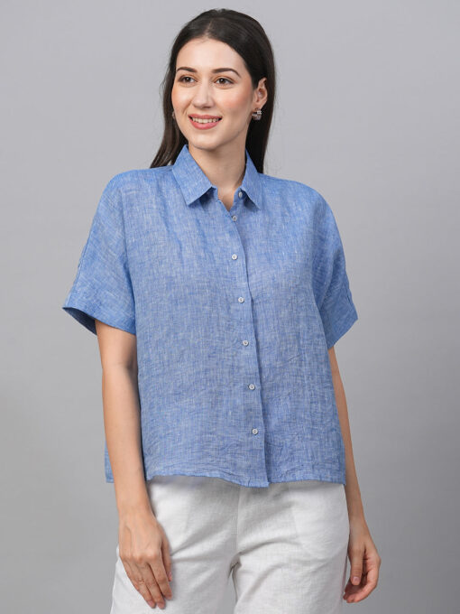 Women's Chambray Blue Linen Boxy Fit Blouse - Image 2