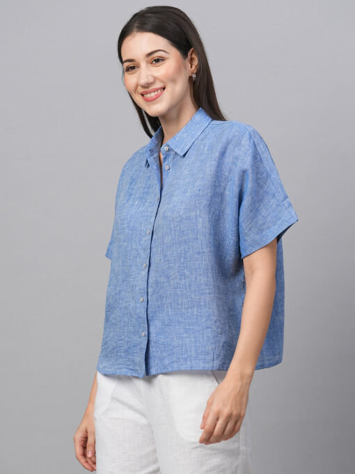 Women's Chambray Blue Linen Boxy Fit Blouse - Image 3