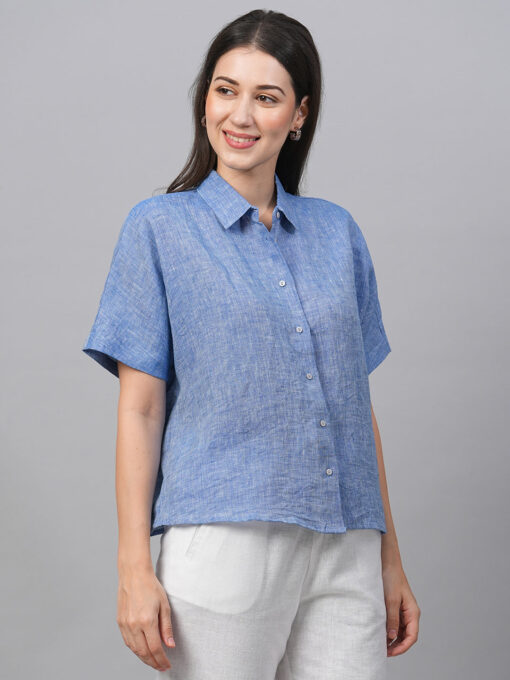 Women's Chambray Blue Linen Boxy Fit Blouse - Image 4