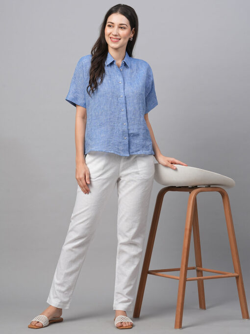 Women's Chambray Blue Linen Boxy Fit Blouse