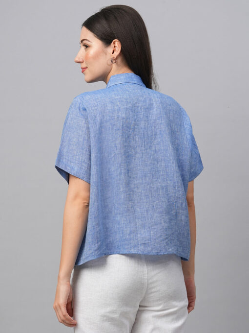 Women's Chambray Blue Linen Boxy Fit Blouse - Image 5