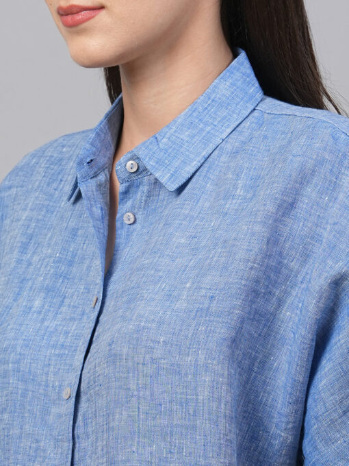 Women's Chambray Blue Linen Boxy Fit Blouse - Image 7