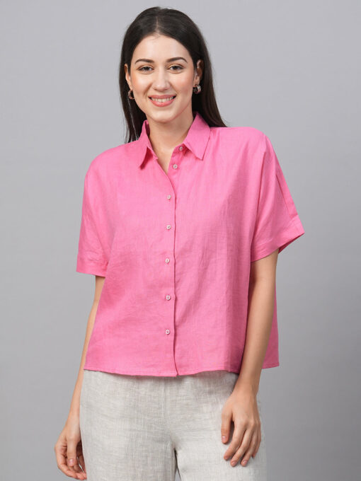 Women's Pink Linen Regular Fit Blouse - Image 2