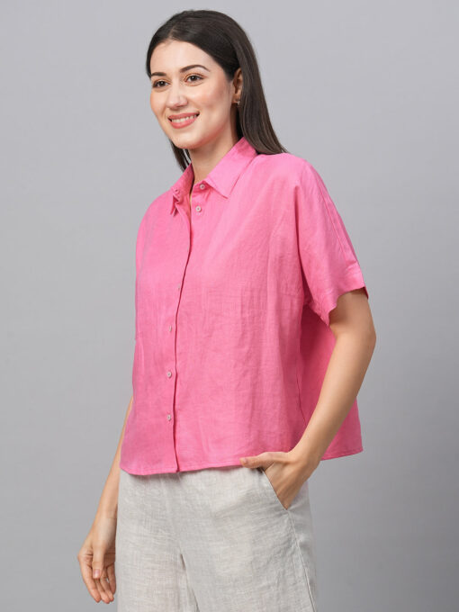 Women's Pink Linen Regular Fit Blouse - Image 3