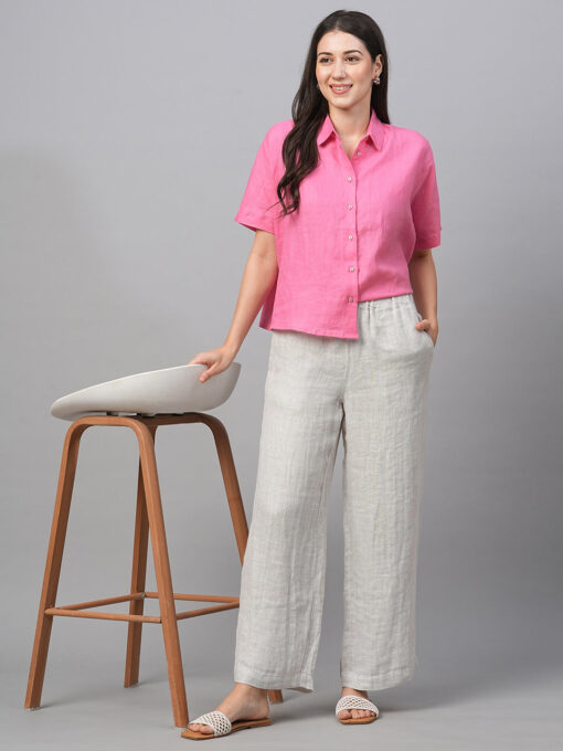 Women's Pink Linen Regular Fit Blouse