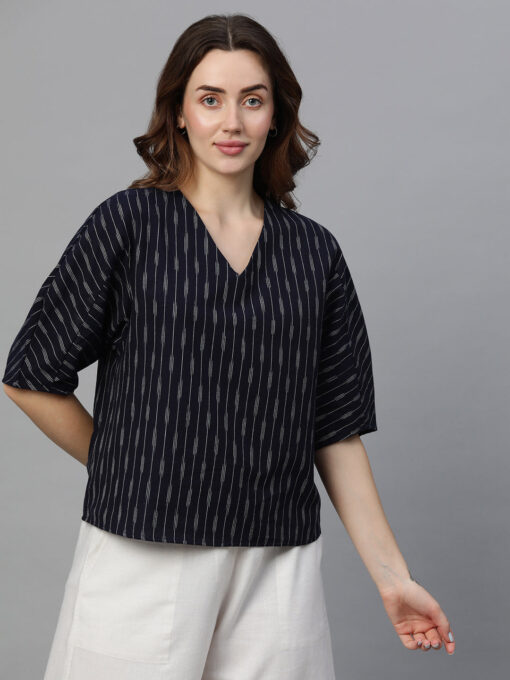 Women's Navy Cotton Regular Fit Blouse - Image 2