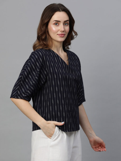 Women's Navy Cotton Regular Fit Blouse - Image 4