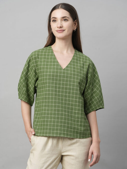 Women's Green Cotton Linen Regular Fit Blouse - Image 2