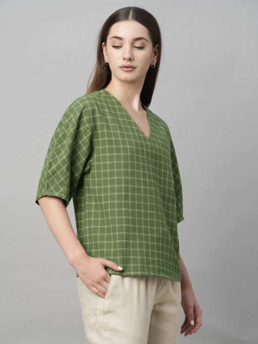 Women's Green Cotton Linen Regular Fit Blouse - Image 4