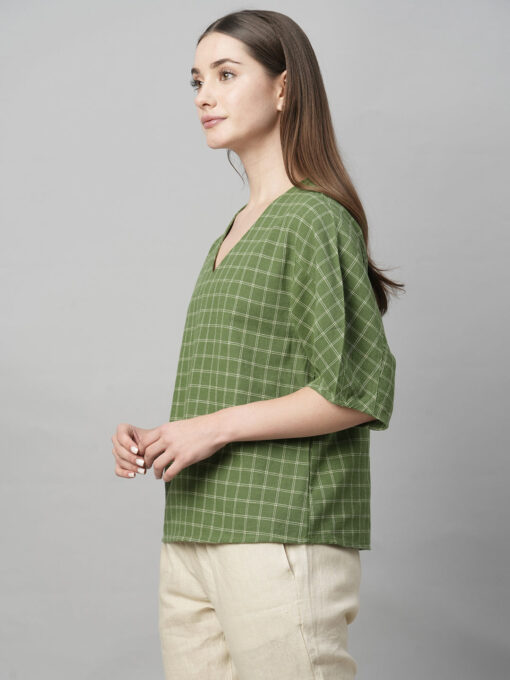 Women's Green Cotton Linen Regular Fit Blouse - Image 3