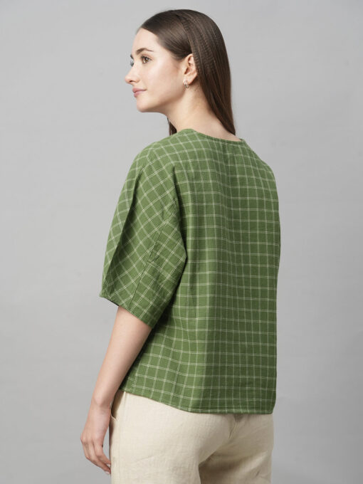 Women's Green Cotton Linen Regular Fit Blouse - Image 5