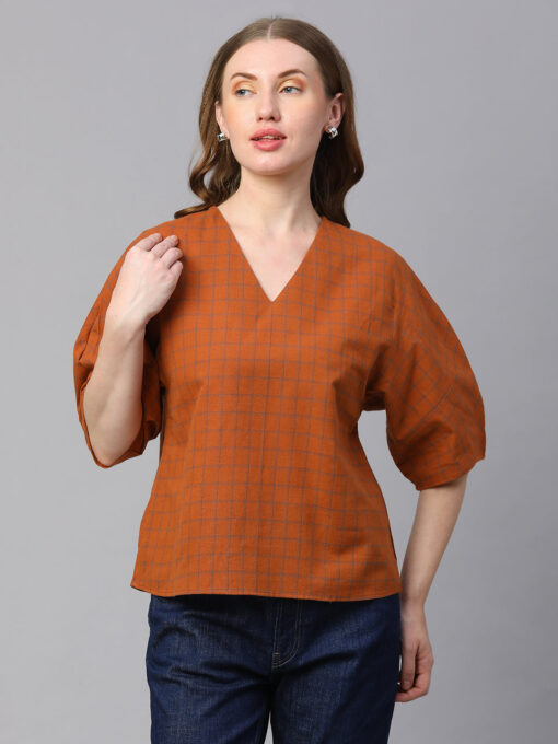 Women's Rust Cotton Linen Regular Fit Blouse - Image 2