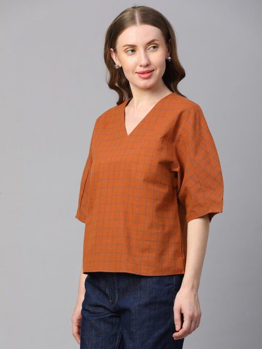 Women's Rust Cotton Linen Regular Fit Blouse - Image 3