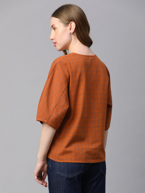 Women's Rust Cotton Linen Regular Fit Blouse - Image 5