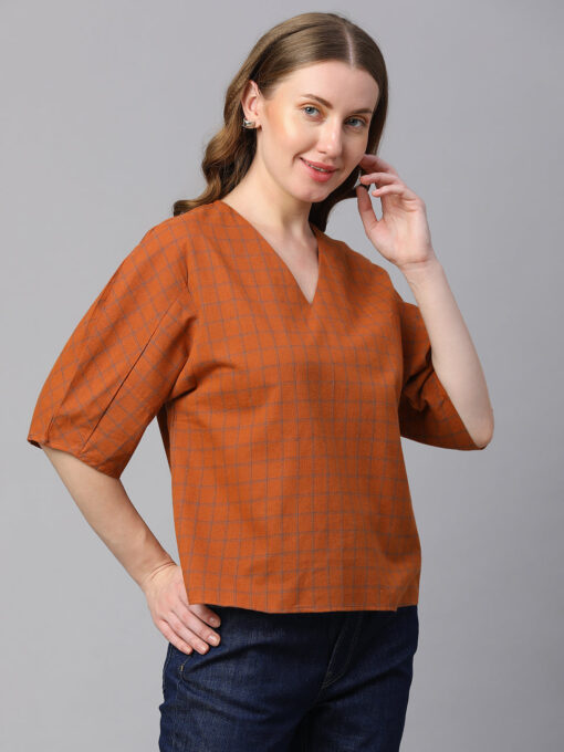 Women's Rust Cotton Linen Regular Fit Blouse - Image 4