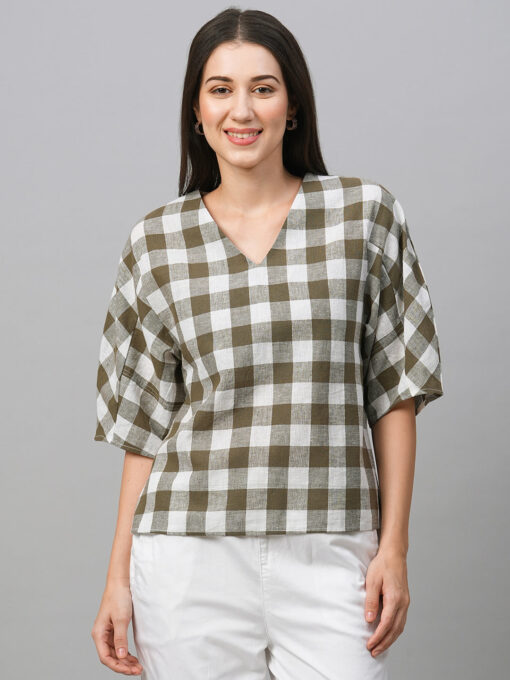 Women's Olive Cotton Linen Regular Fit Blouse - Image 2