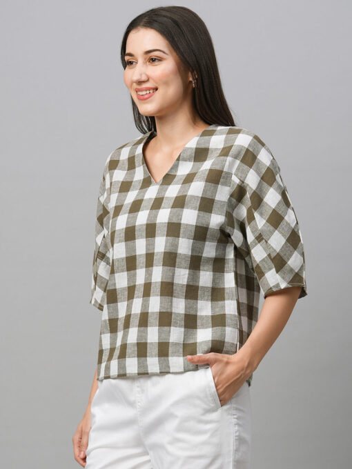 Women's Olive Cotton Linen Regular Fit Blouse - Image 3