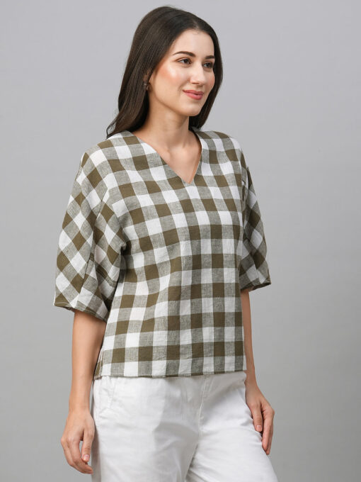 Women's Olive Cotton Linen Regular Fit Blouse - Image 4