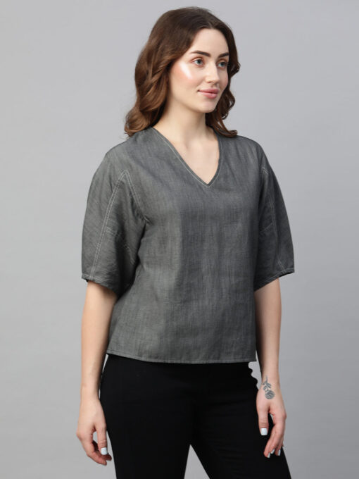 Women's Grey Cotton Regular Fit Blouse - Image 4