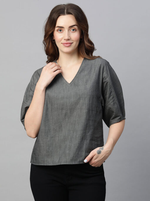 Women's Grey Cotton Regular Fit Blouse - Image 2