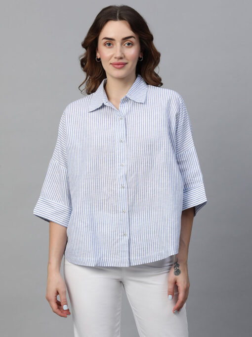 Women's White Linen Boxy Fit Blouse - Image 3