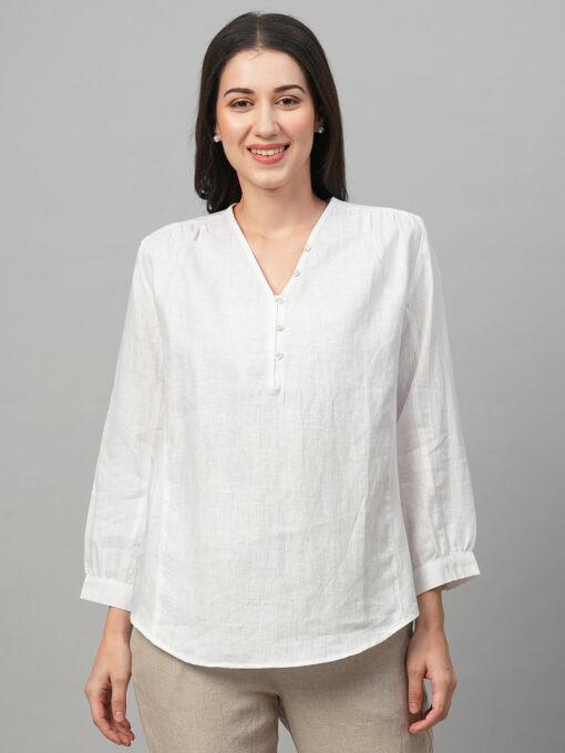 Women's White Linen Loose Fit Blouse - Image 2