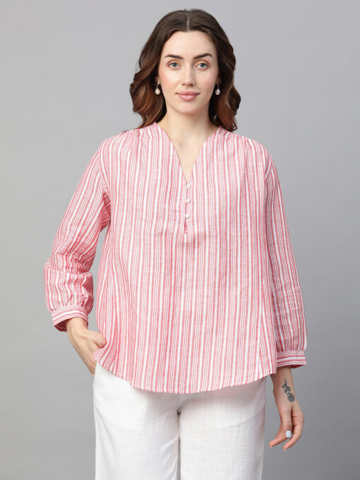 Women's Red Linen Regular Fit Blouse - Image 2