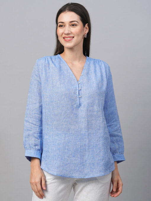 Women's Chambray Blue Linen Loose Fit Blouse - Image 2