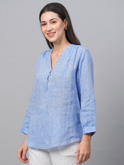 Women's Chambray Blue Linen Loose Fit Blouse - Image 3