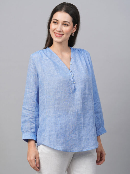 Women's Chambray Blue Linen Loose Fit Blouse - Image 4