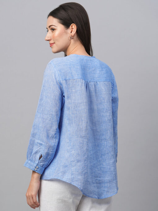 Women's Chambray Blue Linen Loose Fit Blouse - Image 5