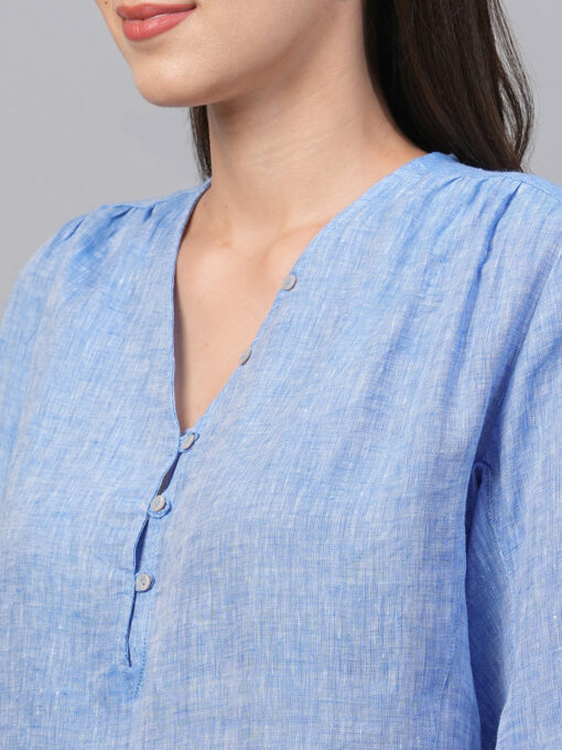 Women's Chambray Blue Linen Loose Fit Blouse - Image 7