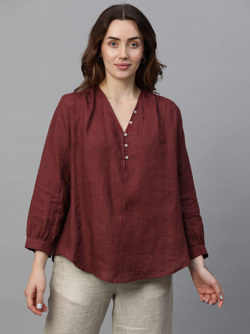 Women's Maroon Linen Regular Fit Blouse - Image 2