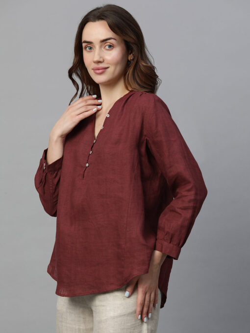 Women's Maroon Linen Regular Fit Blouse - Image 3