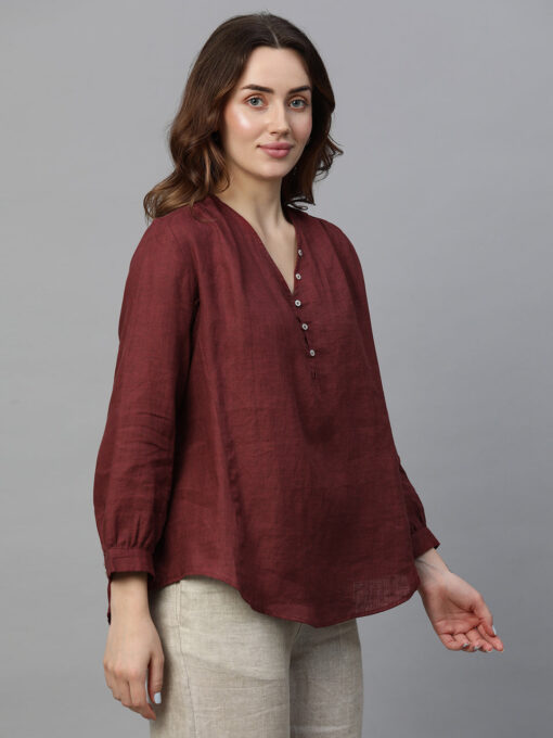 Women's Maroon Linen Regular Fit Blouse - Image 4