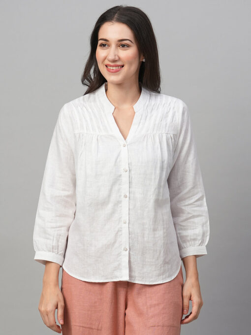 Women's White Linen Regular Fit Blouse - Image 2