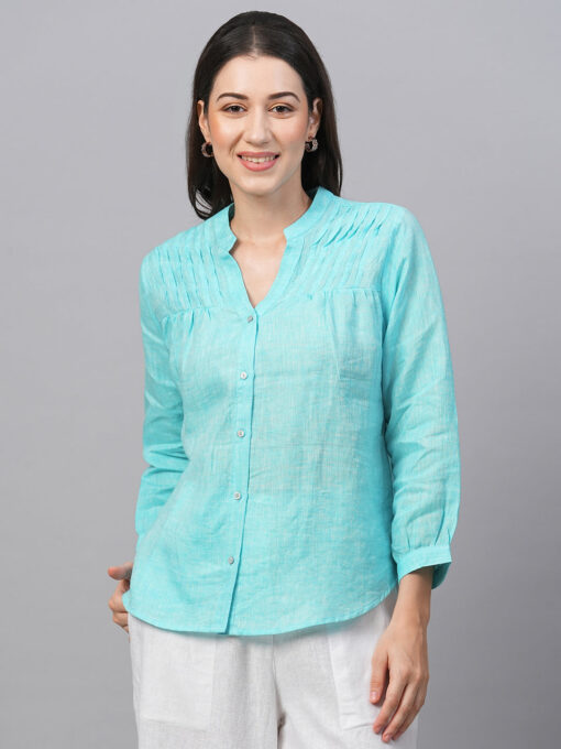 Women's Aqua Linen Regular Fit Blouse - Image 2