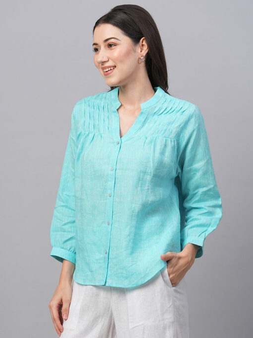 Women's Aqua Linen Regular Fit Blouse - Image 3