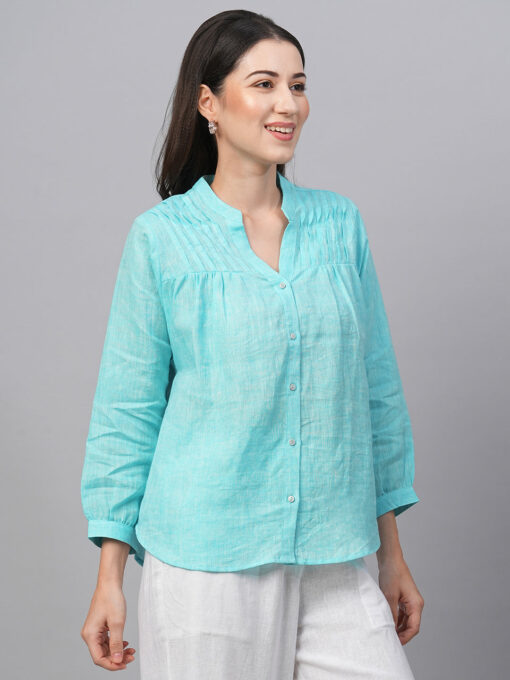 Women's Aqua Linen Regular Fit Blouse - Image 4