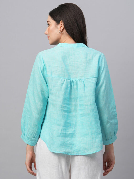 Women's Aqua Linen Regular Fit Blouse - Image 5