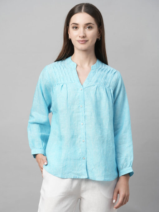 Women's Aqua Linen Regular Fit Blouse - Image 2