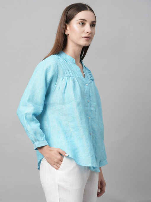 Women's Aqua Linen Regular Fit Blouse - Image 4