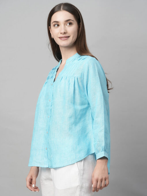 Women's Aqua Linen Regular Fit Blouse - Image 3