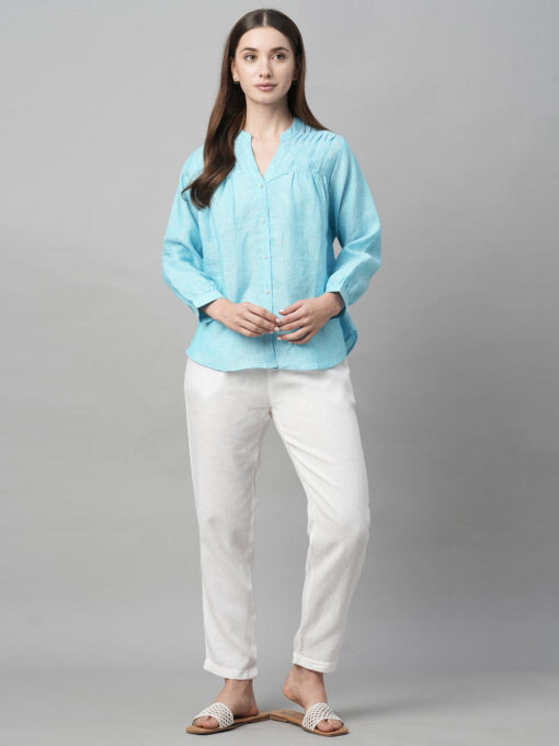 Women's Aqua Linen Regular Fit Blouse