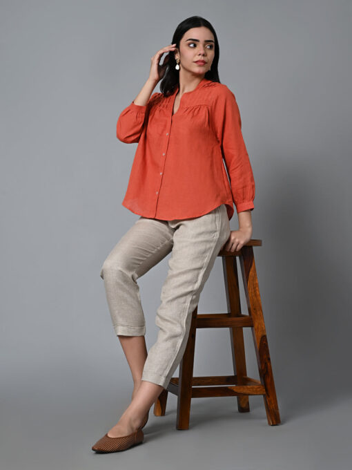 Women's Rust Linen Regular Fit Blouse