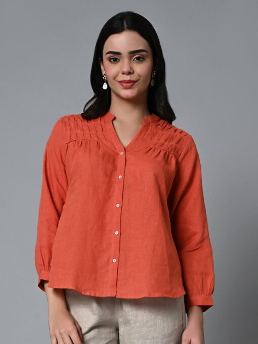 Women's Rust Linen Regular Fit Blouse - Image 2