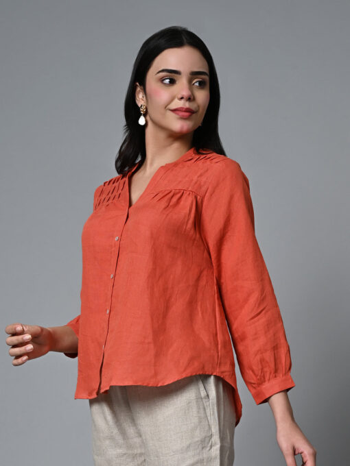 Women's Rust Linen Regular Fit Blouse - Image 3