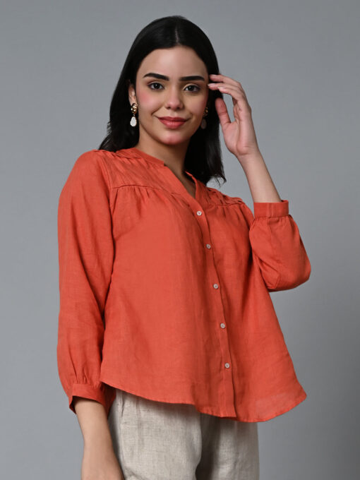 Women's Rust Linen Regular Fit Blouse - Image 4