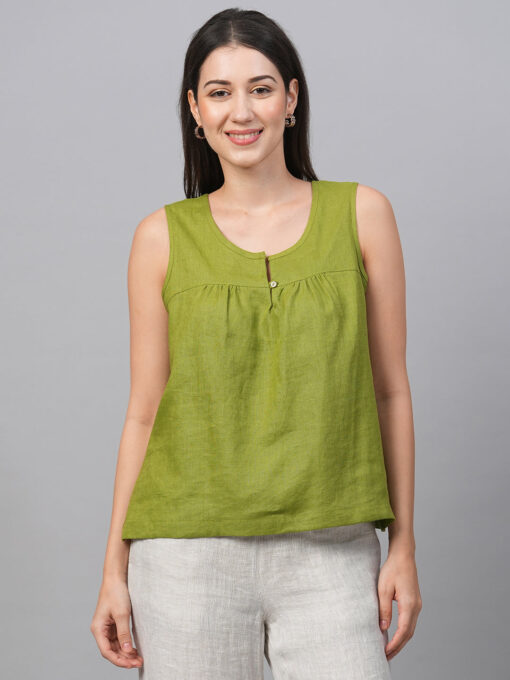 Women's Green Linen Regular Fit Blouse - Image 2