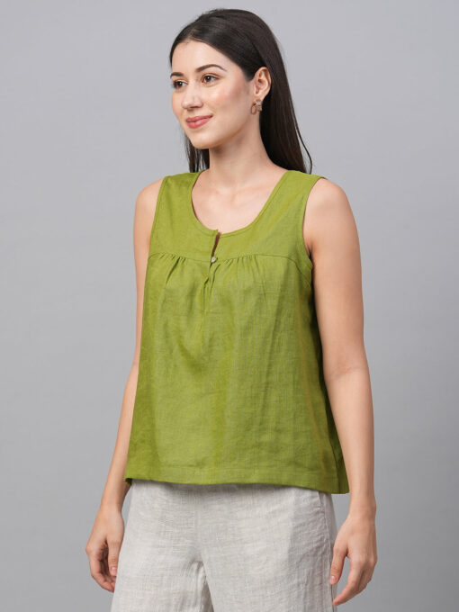 Women's Green Linen Regular Fit Blouse - Image 3